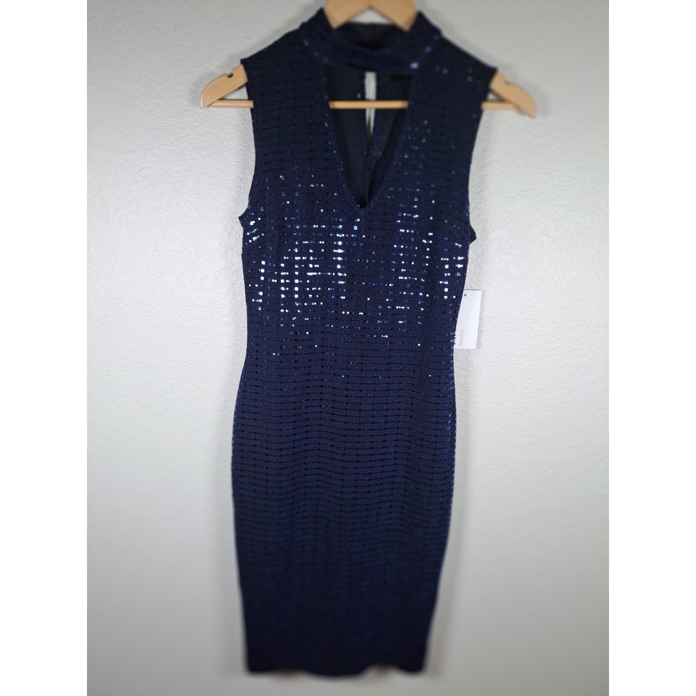 En Focus Studio Navy Blue Sequin Mock Neck Keyhole Sheath Dress Size 6 NEW